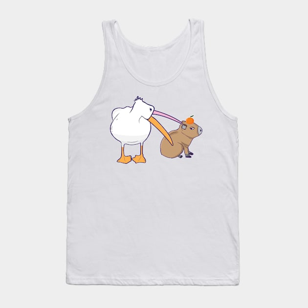 Pelican Tries to Eat Capybara Orange  Funny Cute Kawaii Meme Tank Top by alltheprints